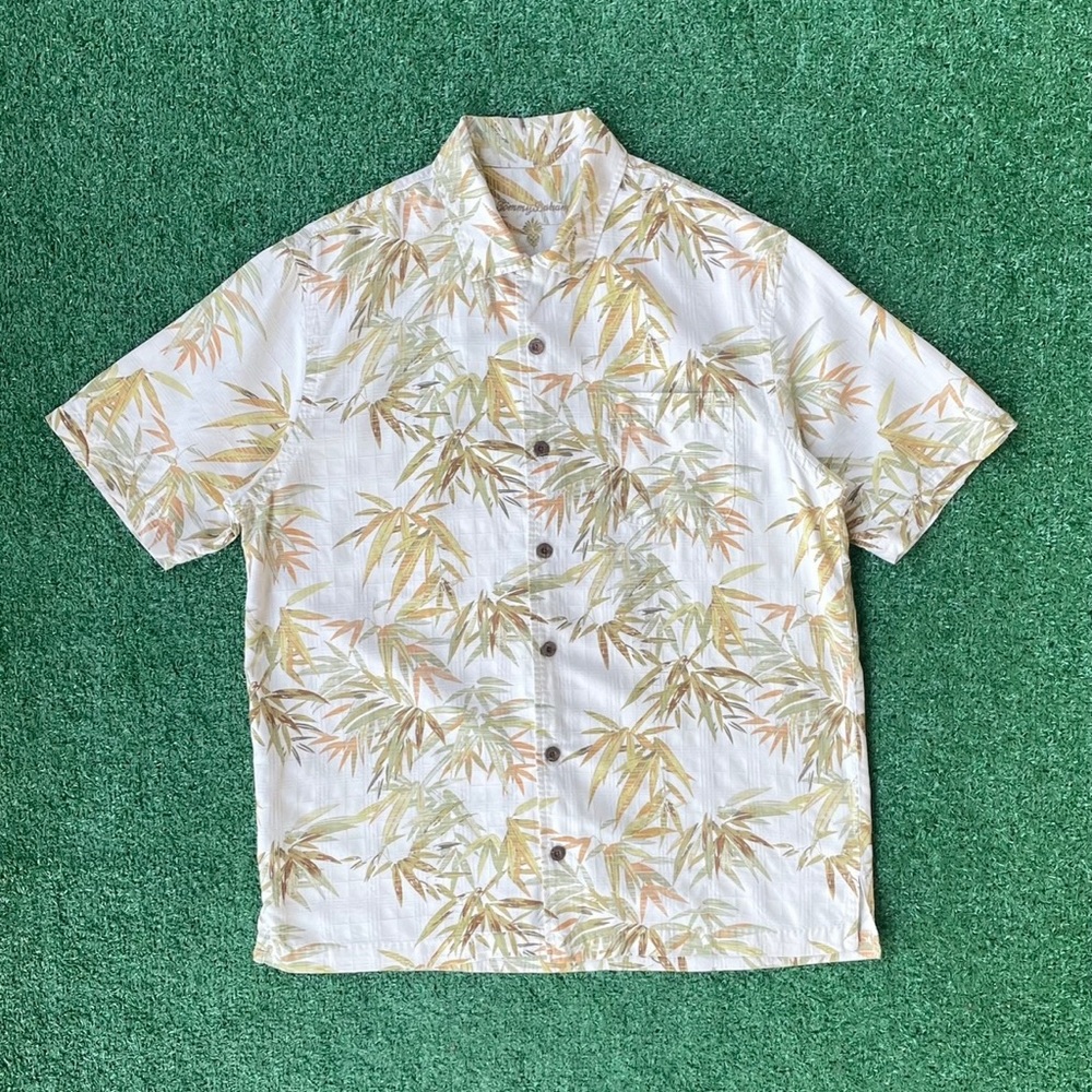Men's White Tropical Bamboo Print Button-Up Shirt